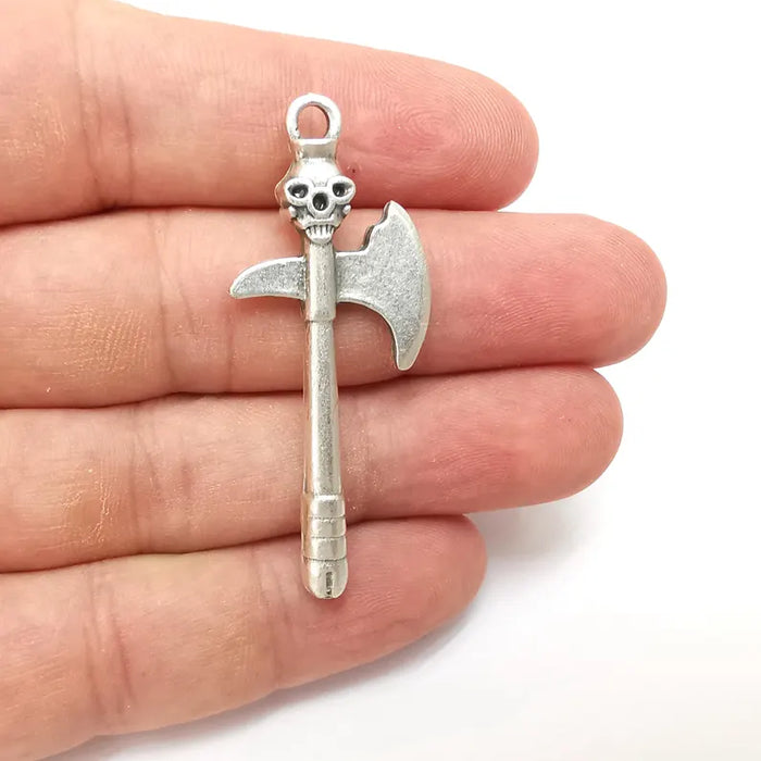 Silver Axe Skull Charms, War Charms, Ethnic Earring Charms, Silver Rustic Pendant, Necklace Parts, Antique Silver Plated 52x21mm G36285