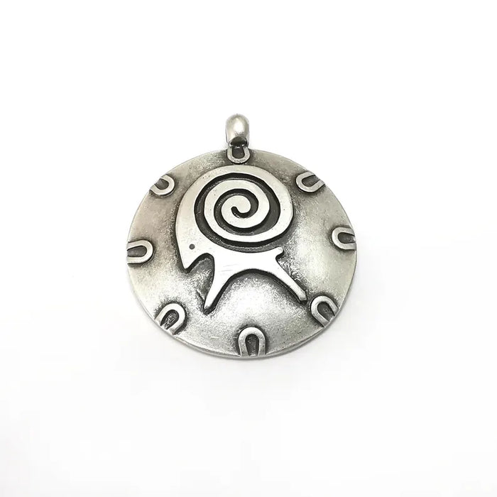 Silver Ram Swirl Charms, Symbol Charms, Ethnic Earring Charms, Silver Rustic Pendant, Necklace Parts, Antique Silver Plated 48x40mm G36286