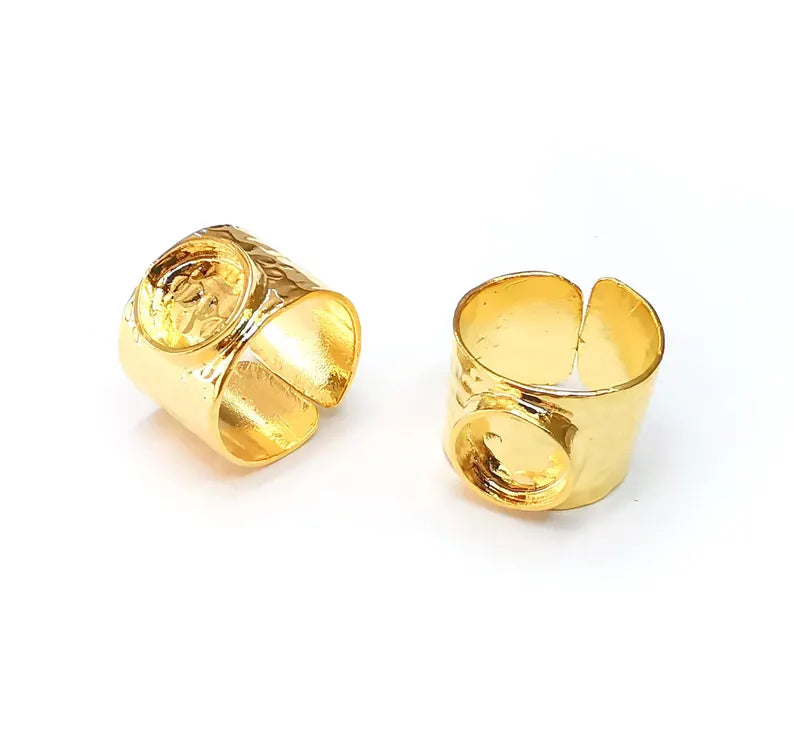 Shiny Gold Ring Settings Blank Hammered inlay Ring Mosaic Ring Bezel Base Cabochon Mountings Adjustable (10mm ) Gold Plated Brass G36352
