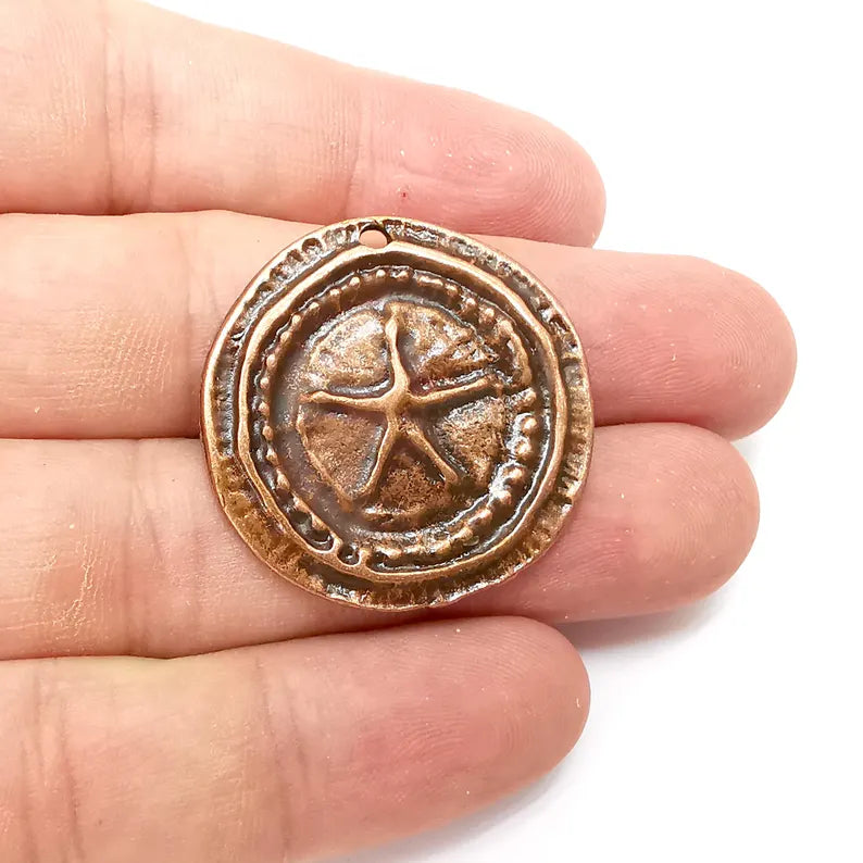 Copper Starfish Charms, Fossil Charms, Boho Charms, Earring Charms, Copper Pendant, Necklace Parts, Antique Copper Plated 34mm G36296