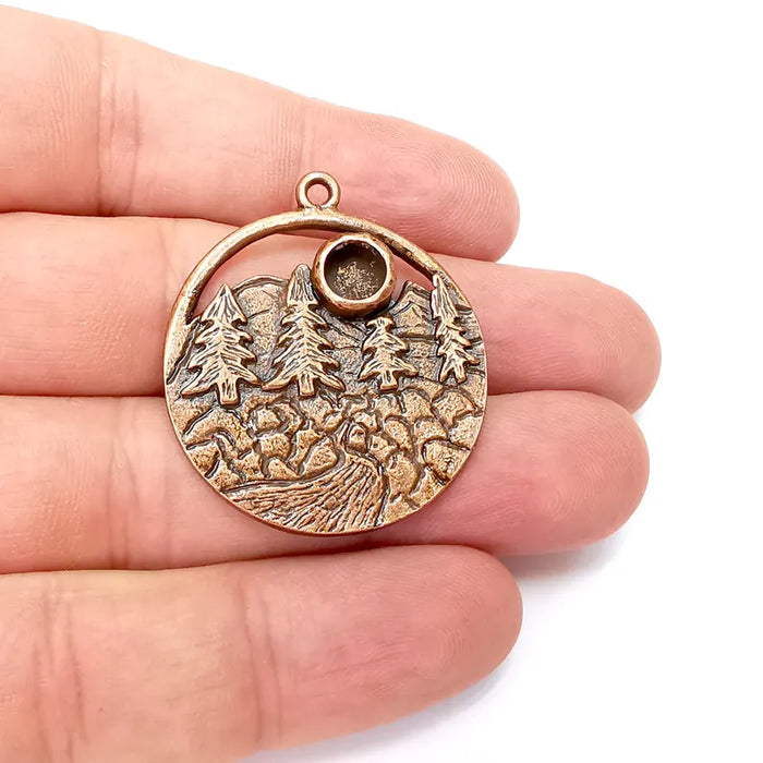 Copper Trees Charms, Blank Charms, Rustic Charms, Earring Charms, Copper Pendant, Necklace Parts, Antique Copper Plated 38x33mm 6mm G36353