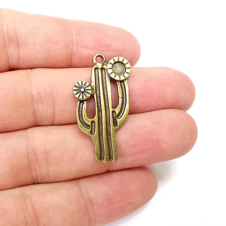 2 Cactus Charms, Bronze Blank Charms, Boho Charms, Earring Charms, Bronze Pendant, Necklace Parts, Antique Bronze Plated 36x19mm 4mm G36358