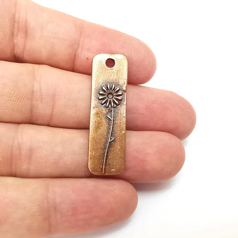 2 Flower Charms, Copper Nature Charms, Boho Charms, Earring Charms, Copper Pendant, Necklace Parts, Antique Copper Plated 38x11mm G36298