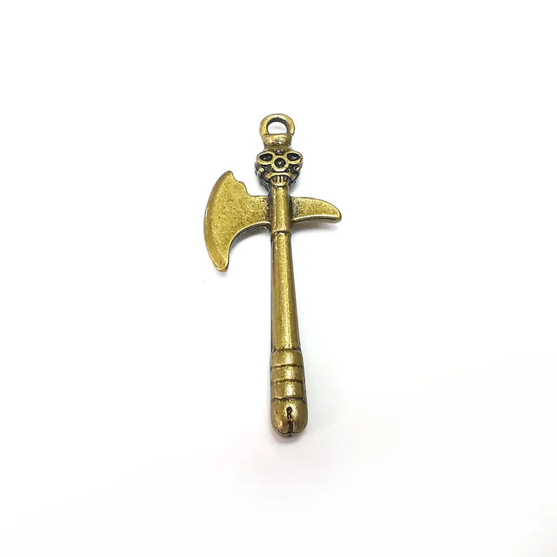 Bronze Axe Skull Charms, War Charms, Ethnic Earring Charms, Bronze Rustic Pendant, Necklace Parts, Antique Bronze Plated 52x21mm G36367