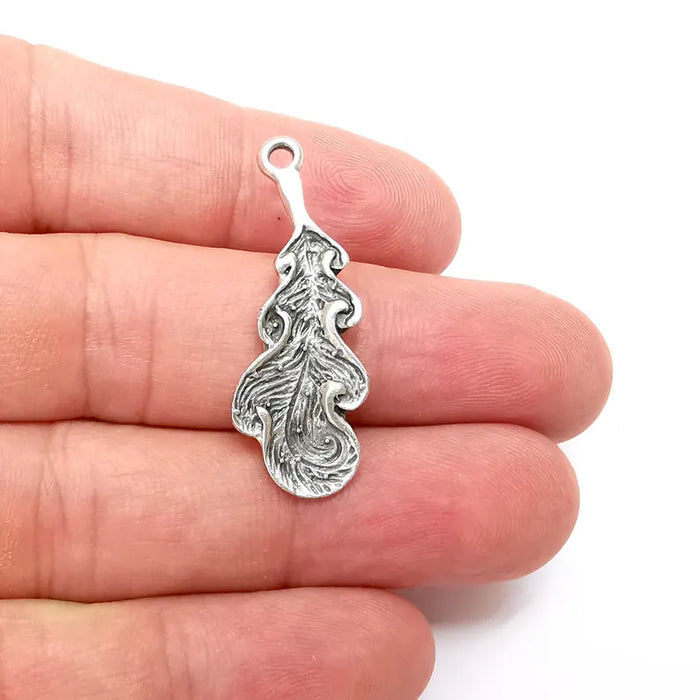 2 Silver Leaf Charms, Boho Charms, Rustic Charms, Earring Charms, Silver Pendant, Necklace Parts, Antique Silver Plated 37x14mm G36302