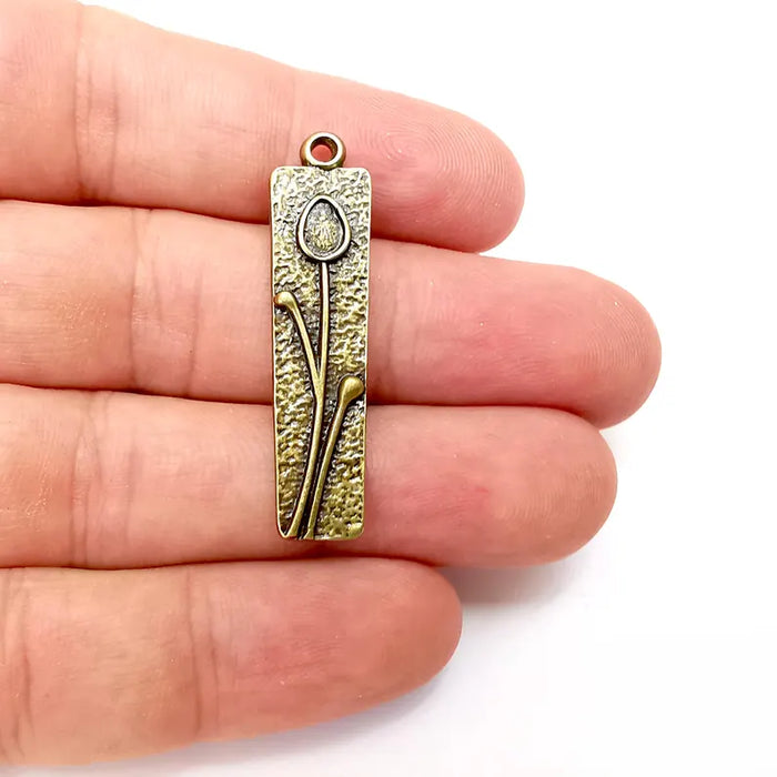 2 Flower Charms, Rectangle Charms, Ethnic Earring Charms, Bronze Rustic Pendant, Necklace Parts, Antique Bronze Plated 42x10mm (6x4mm) G36309