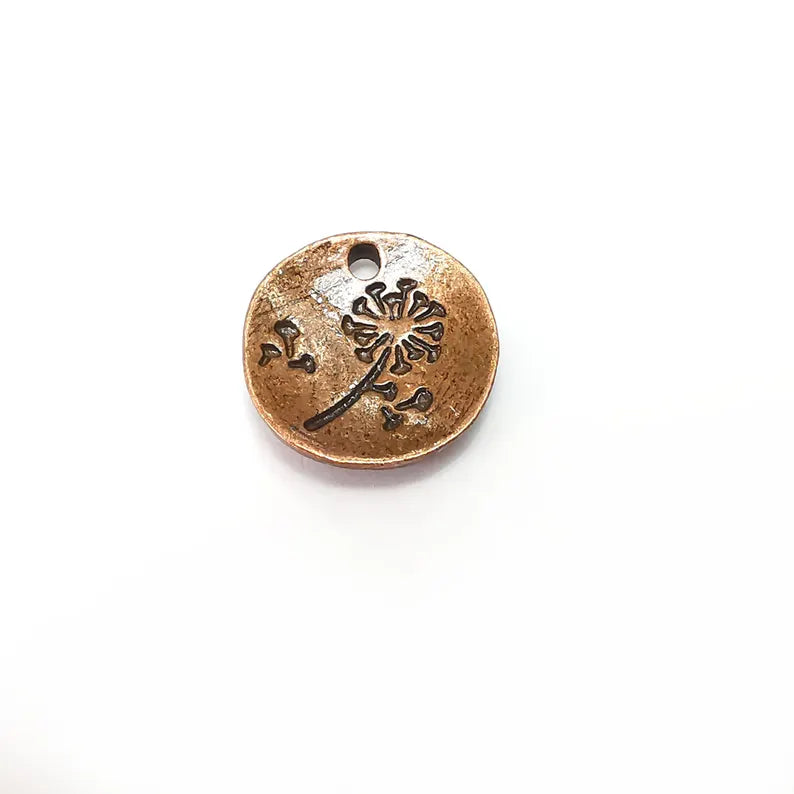 2 Copper Dandelion Charms, Round Charms, Rustic Charms, Earring Charms, Copper Pendant, Necklace Parts, Antique Copper plated 17mm G36386