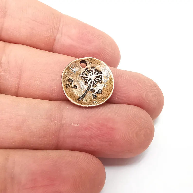 2 Copper Dandelion Charms, Round Charms, Rustic Charms, Earring Charms, Copper Pendant, Necklace Parts, Antique Copper plated 17mm G36386