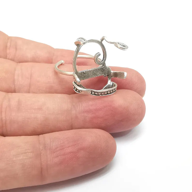 Silver Claw Ring Setting, Cabochon Blank, Resin Bezel, Oval Mounting, Claw Frame Base, Adjustable Antique Silver Plated Brass 25x18mm G36320