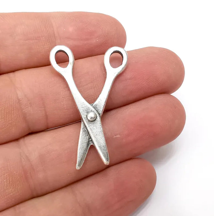 4 Scissors Charms, Silver Charms, Ethnic Earring Charms, Silver Rustic Pendant, Necklace Parts, Antique Silver Plated 37x25mm G36395