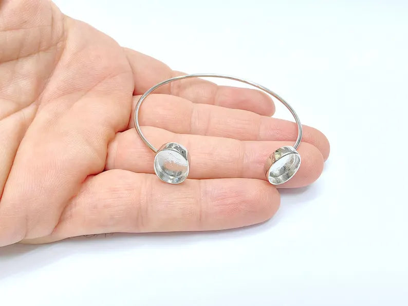 Shiny Silver Oval Bracelet Base Blanks Cuff Blanks Adjustable Bracelet Rhodium Plated Brass (14x10mm Blanks) G36397