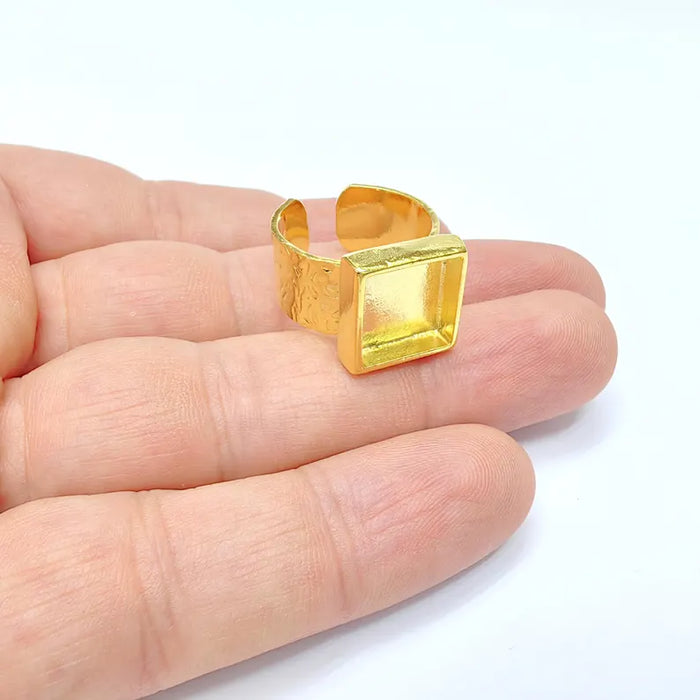 Shiny Gold Ring Setting, Cabochon Blank, Resin Bezel, Square Ring Mounting, Epoxy Frame Base, Adjustable Gold Plated 10x10mm G36400