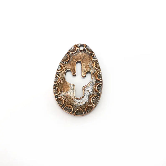 Copper Cactus Charms, Nature Charms, Ethnic Earring Charms, Copper Rustic Pendant, Necklace Parts, Antique Copper Plated 34x22mm G36402