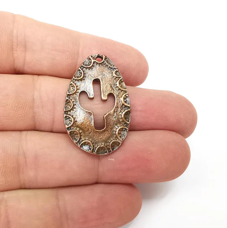 Copper Cactus Charms, Nature Charms, Ethnic Earring Charms, Copper Rustic Pendant, Necklace Parts, Antique Copper Plated 34x22mm G36402