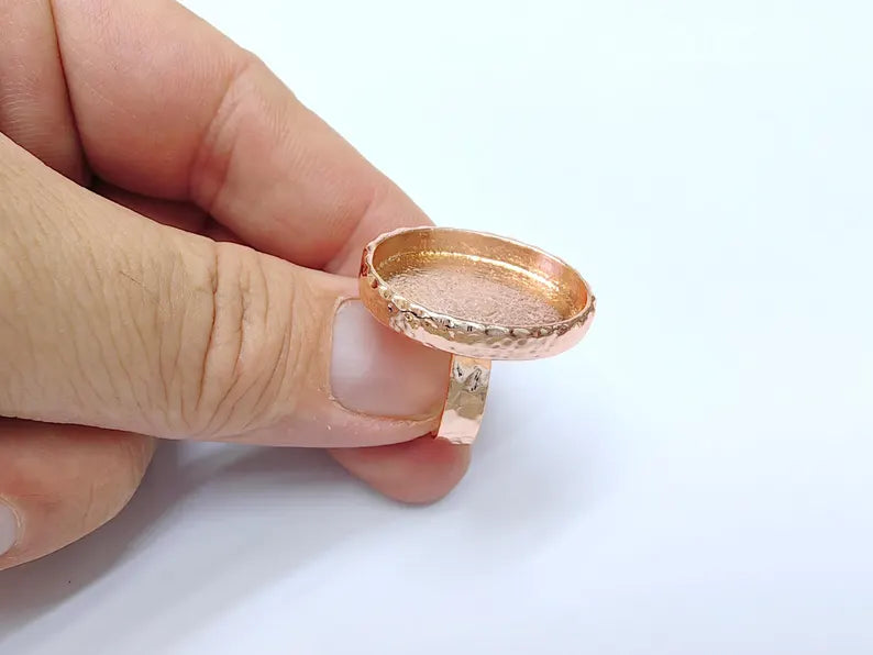 Rose Gold Ring Blank Setting Cabochon Base inlay Ring Hammered Mounting Adjustable Ring Bezel (25x18mm blank ) Rose Gold Plated Metal G36401