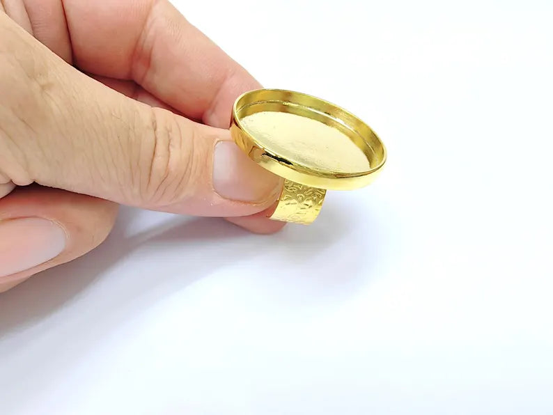 Shiny Gold Ring Setting, Cabochon Blank, Resin Bezel, Round Ring Mounting, Epoxy Frame Base, Adjustable Gold Plated 40mm G36404