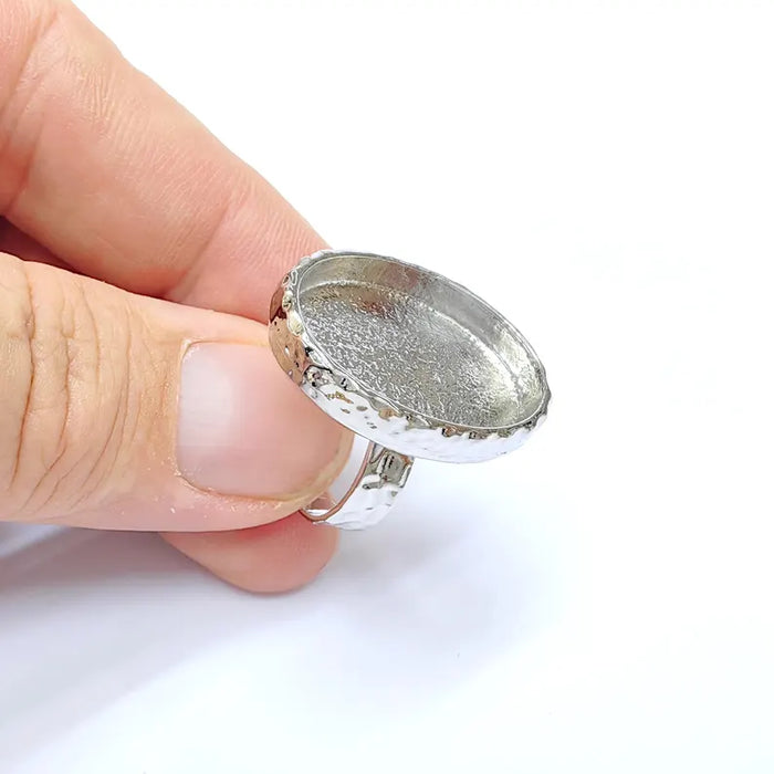 Shiny Silver Oval Ring Setting, Cabochon Blank, Resin Bezel, Ring Mounting, Epoxy Frame Base, Adjustable Rhodium Plated Brass 25x18mm G36409