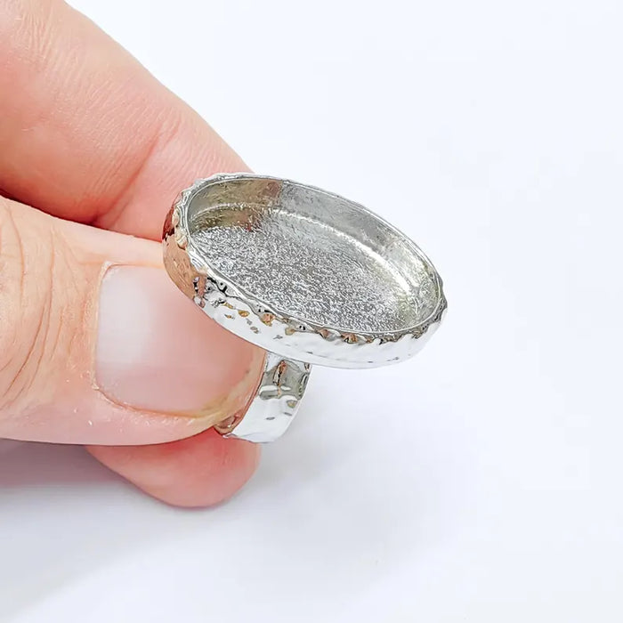 Shiny Silver Oval Ring Setting, Cabochon Blank, Resin Bezel, Ring Mounting, Epoxy Frame Base, Adjustable Rhodium Plated Brass 25x18mm G36409