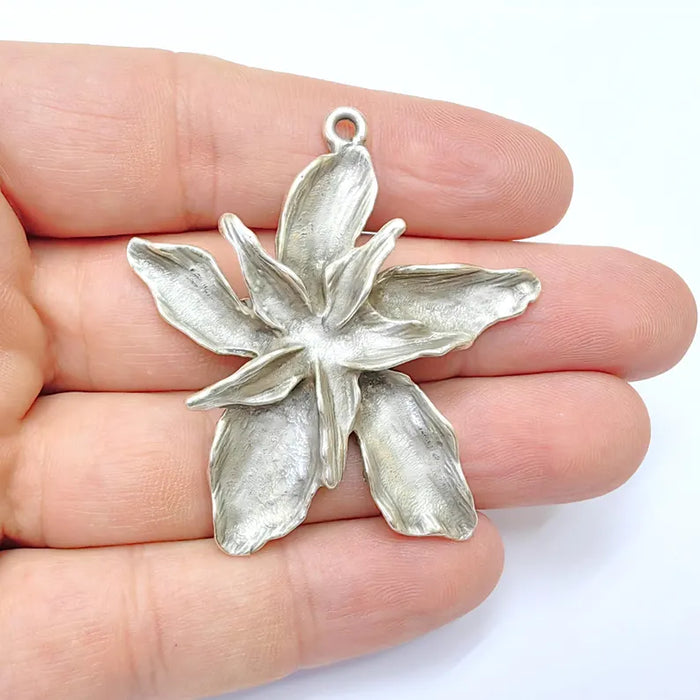 Antique Silver Flower Pendant, Earring Charms, Unique Artisan Jewelry, Nature Inspired Floral Design, Lotus Pendant 51x49mm G36411