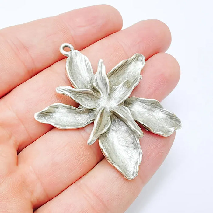 Antique Silver Flower Pendant, Earring Charms, Unique Artisan Jewelry, Nature Inspired Floral Design, Lotus Pendant 51x49mm G36411