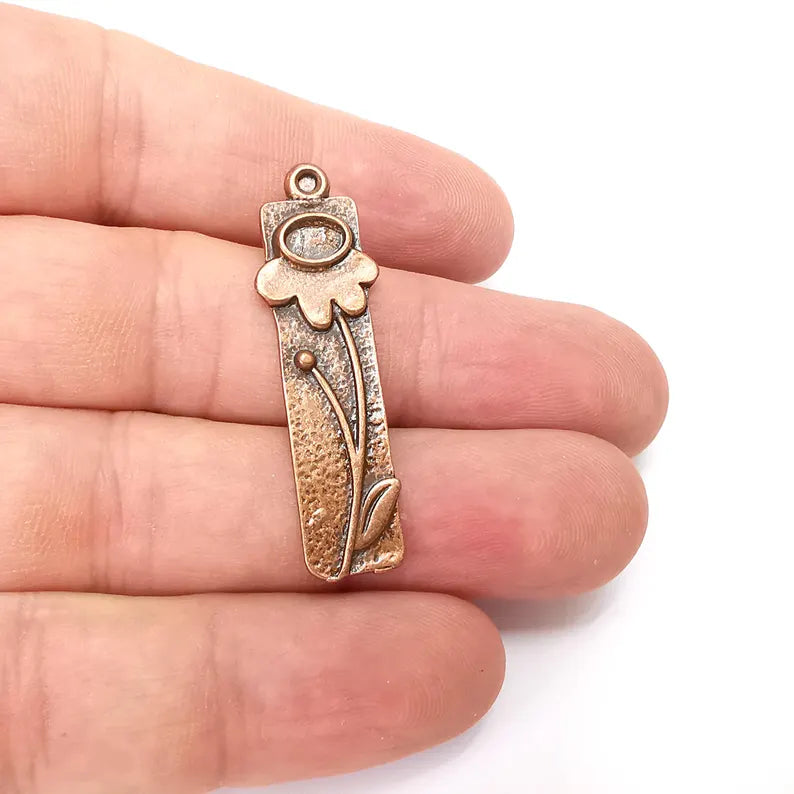 Copper Flower Charms, Blank Charms, Rustic Charms, Earring Charms, Copper Pendant, Necklace Parts Antique Copper Plated 42x13mm 6x4mm G36414