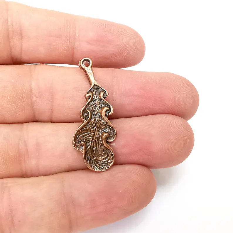2 Copper Leaf Charms, Boho Charms, Rustic Charms, Earring Charms, Copper Pendant, Necklace Parts, Antique Copper Plated 37x14mm G36416