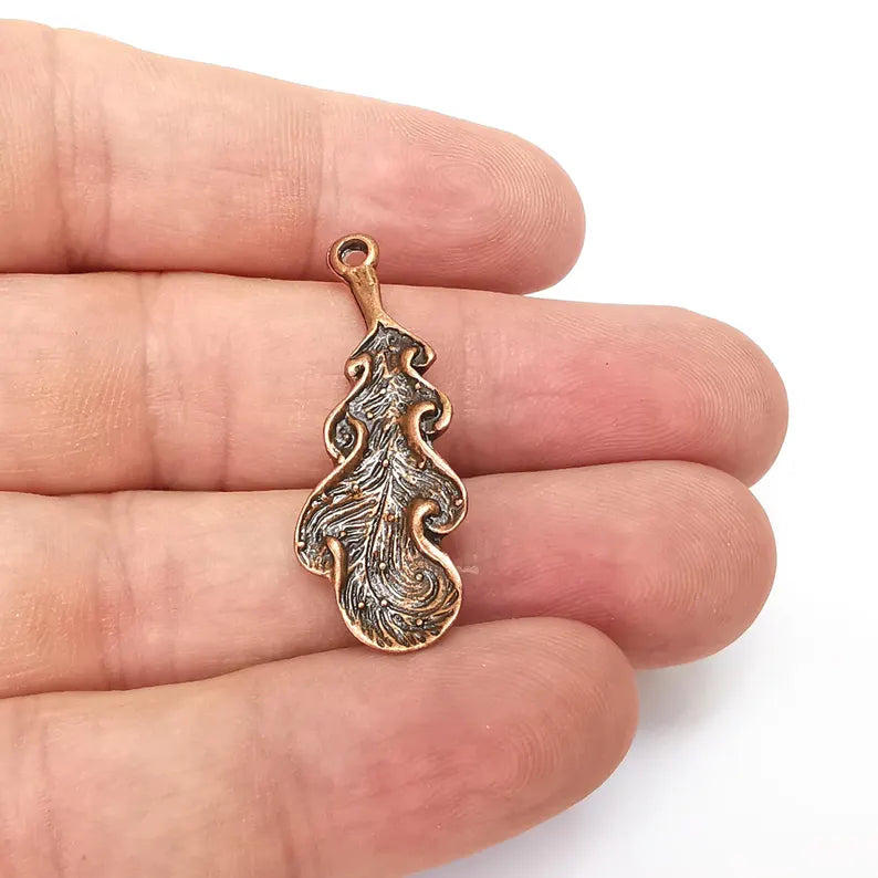 2 Copper Leaf Charms, Boho Charms, Rustic Charms, Earring Charms, Copper Pendant, Necklace Parts, Antique Copper Plated 37x14mm G36416