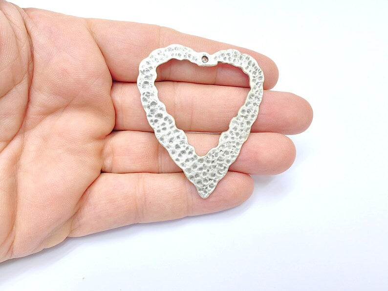 Hammered Heart Pendant, Boho Charms, Love Charms, Dangle Earring Charms, Necklace Parts, Antique Silver Plated 57x48mm G36412