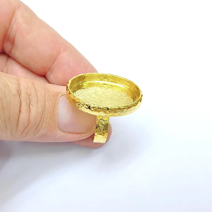 Shiny Gold Ring Blank Setting Cabochon Base inlay Ring Hammered Mounting Adjustable Ring Bezel (25x18mm blank ) Gold Plated Metal G36420