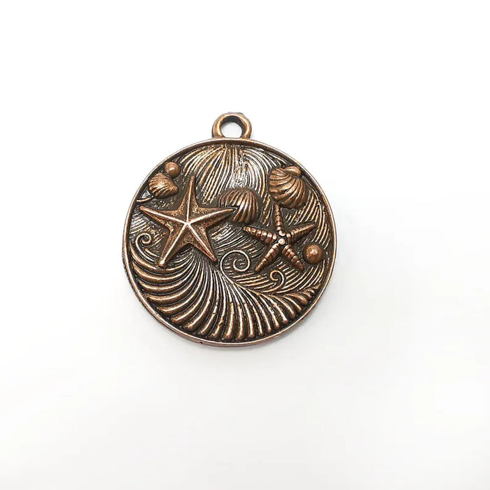 Nautical Charms, Starfish and Wave Detailed Boho Necklace Charm, Ocean-Themed Antique Copper Round Pendant, 34x30mm Earring Charms G36424