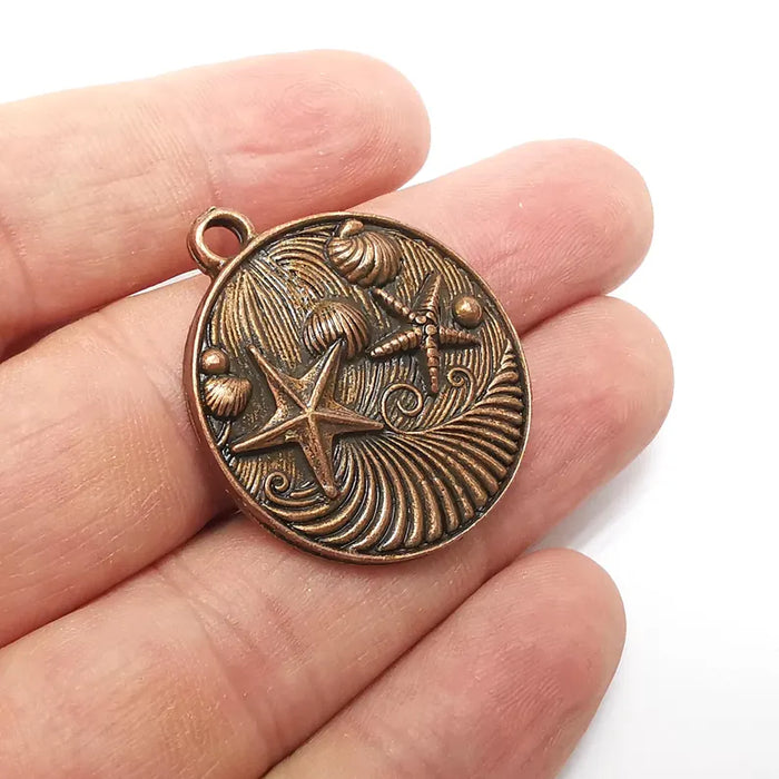 Nautical Charms, Starfish and Wave Detailed Boho Necklace Charm, Ocean-Themed Antique Copper Round Pendant, 34x30mm Earring Charms G36424