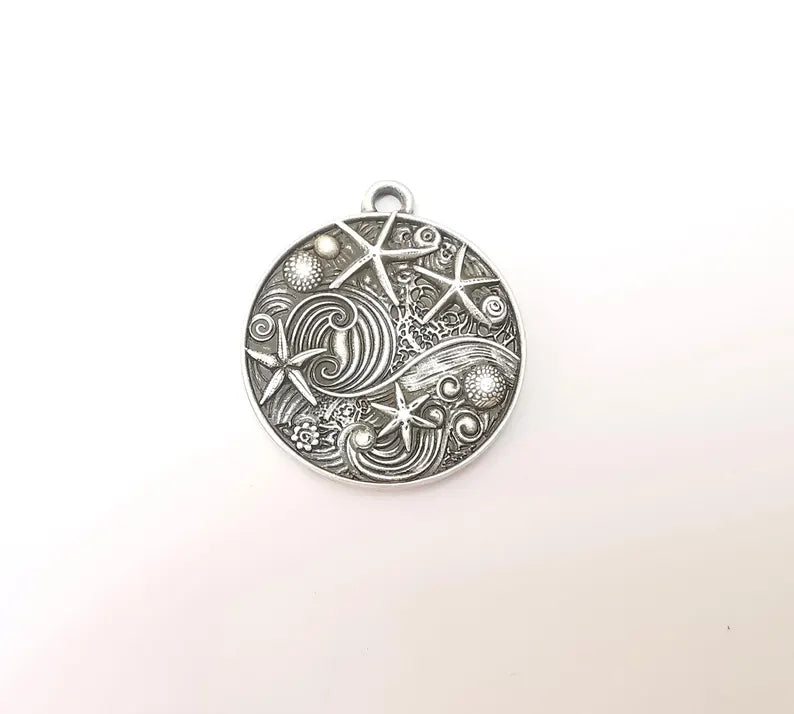Nautical Charms, Starfish and Wave Detailed Boho Necklace Charm, Ocean-Themed Antique Silver Round Pendant, 34x30mm Earring Charms G36335