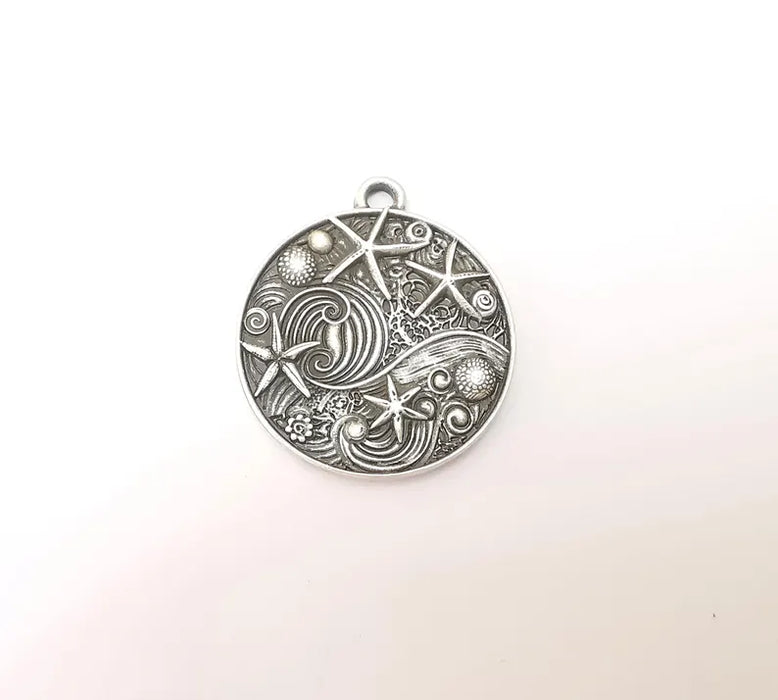 Nautical Charms, Starfish and Wave Detailed Boho Necklace Charm, Ocean-Themed Antique Silver Round Pendant, 34x30mm Earring Charms G36335