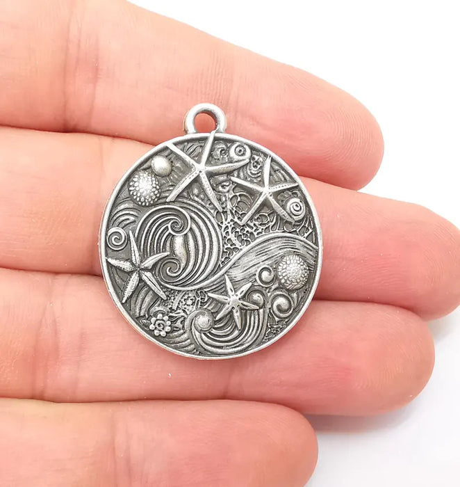 Nautical Charms, Starfish and Wave Detailed Boho Necklace Charm, Ocean-Themed Antique Silver Round Pendant, 34x30mm Earring Charms G36335