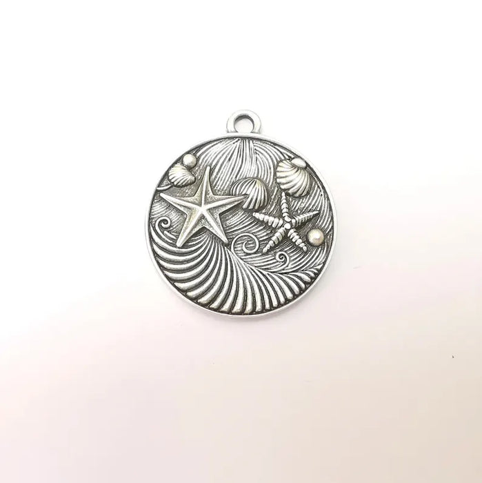 Nautical Charms, Starfish and Wave Detailed Boho Necklace Charm, Ocean-Themed Antique Silver Round Pendant, 34x30mm Earring Charms G36337