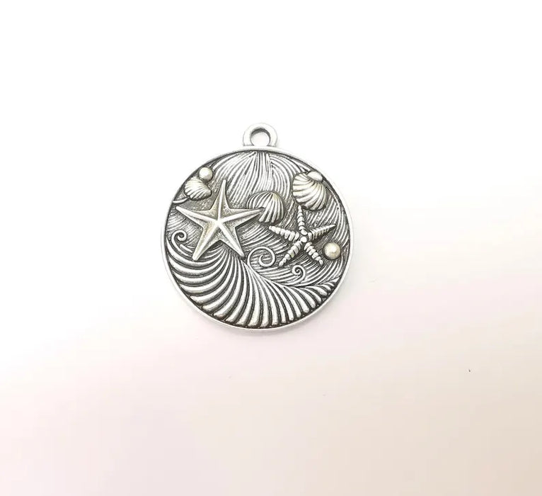 Nautical Charms, Starfish and Wave Detailed Boho Necklace Charm, Ocean-Themed Antique Silver Round Pendant, 34x30mm Earring Charms G36337