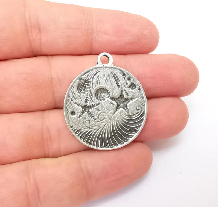 Nautical Charms, Starfish and Wave Detailed Boho Necklace Charm, Ocean-Themed Antique Silver Round Pendant, 34x30mm Earring Charms G36337