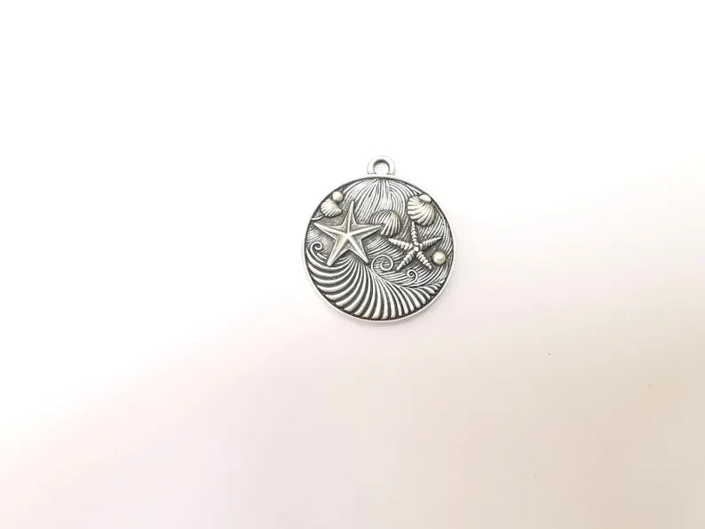 Nautical Charms, Starfish and Wave Detailed Boho Necklace Charm, Ocean-Themed Antique Silver Round Pendant, 34x30mm Earring Charms G36337