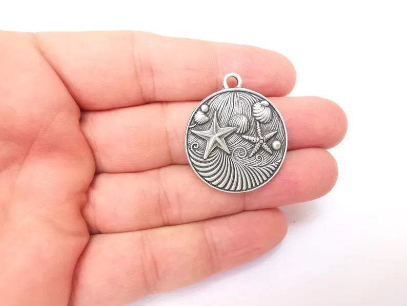 Nautical Charms, Starfish and Wave Detailed Boho Necklace Charm, Ocean-Themed Antique Silver Round Pendant, 34x30mm Earring Charms G36337