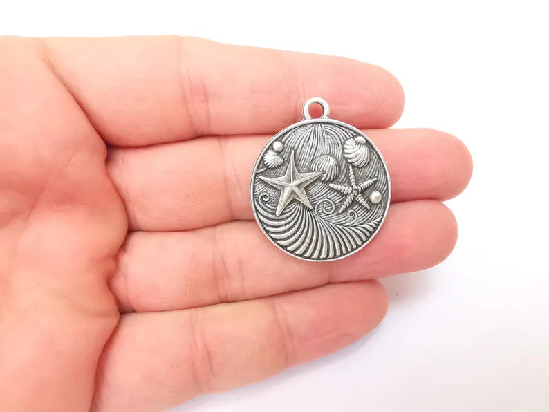 Nautical Charms, Starfish and Wave Detailed Boho Necklace Charm, Ocean-Themed Antique Silver Round Pendant, 34x30mm Earring Charms G36337