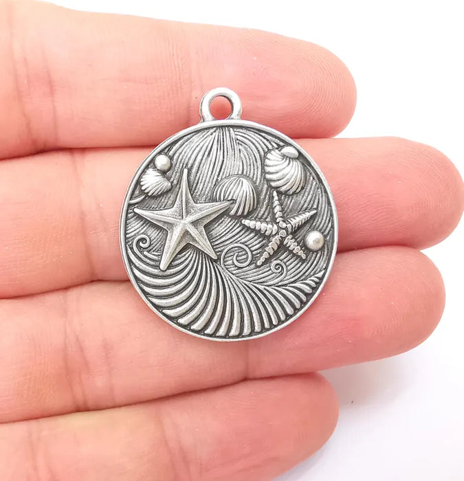 Nautical Charms, Starfish and Wave Detailed Boho Necklace Charm, Ocean-Themed Antique Silver Round Pendant, 34x30mm Earring Charms G36337