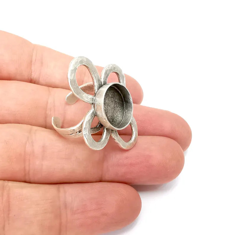 Flower Ring Setting, Cabochon Blank, Resin Bezel, Round Ring Mounting, Epoxy Frame Base, Adjustable Antique Silver Plated Brass 14mm G36342