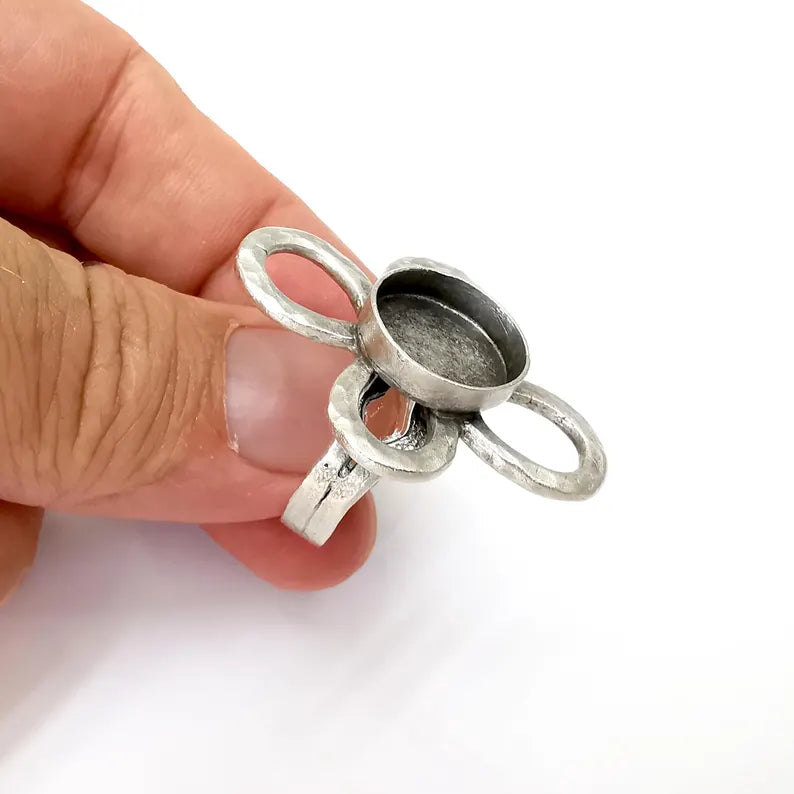 Flower Ring Setting, Cabochon Blank, Resin Bezel, Round Ring Mounting, Epoxy Frame Base, Adjustable Antique Silver Plated Brass 14mm G36342