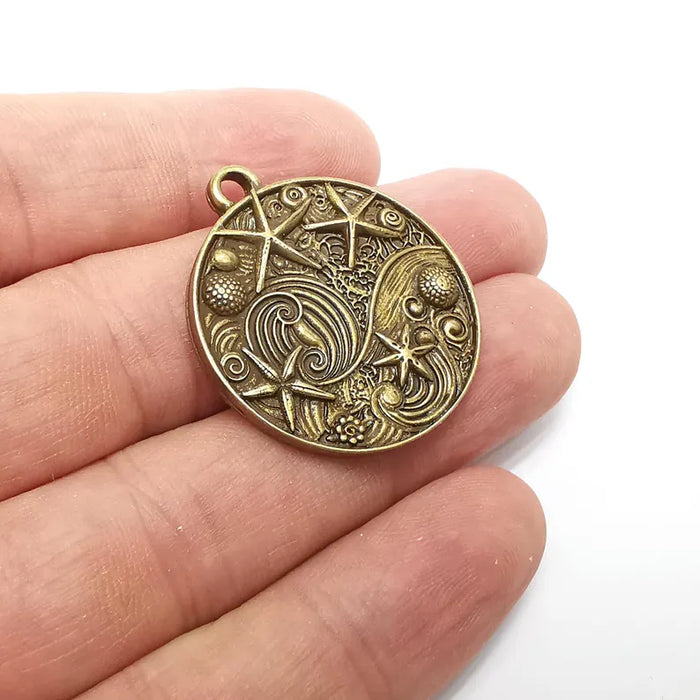 Nautical Charms, Starfish and Wave Detailed Boho Necklace Charm, Ocean-Themed Antique Bronze Round Pendant, 34x30mm Earring Charms G36429