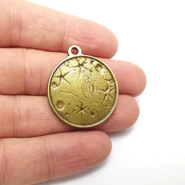 Nautical Charms, Starfish and Wave Detailed Boho Necklace Charm, Ocean-Themed Antique Bronze Round Pendant, 34x30mm Earring Charms G36429