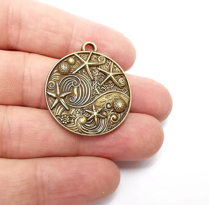 Nautical Charms, Starfish and Wave Detailed Boho Necklace Charm, Ocean-Themed Antique Bronze Round Pendant, 34x30mm Earring Charms G36429