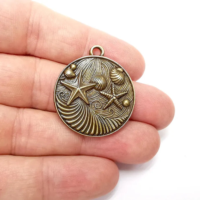 Nautical Charms, Starfish and Wave Detailed Boho Necklace Charm, Ocean-Themed Antique Bronze Round Pendant, 34x30mm Earring Charms G36433