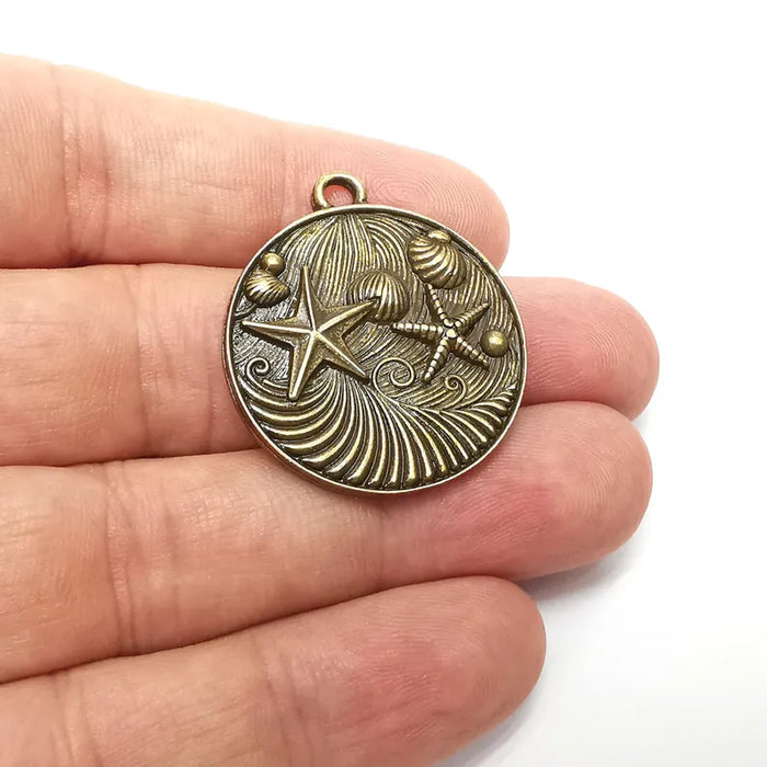 Nautical Charms, Starfish and Wave Detailed Boho Necklace Charm, Ocean-Themed Antique Bronze Round Pendant, 34x30mm Earring Charms G36433