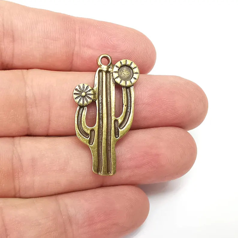 2 Cactus Charms, Bronze Blank Charms, Boho Charms, Earring Charms, Bronze Pendant, Necklace Parts, Antique Bronze Plated 36x19mm 4mm G36358