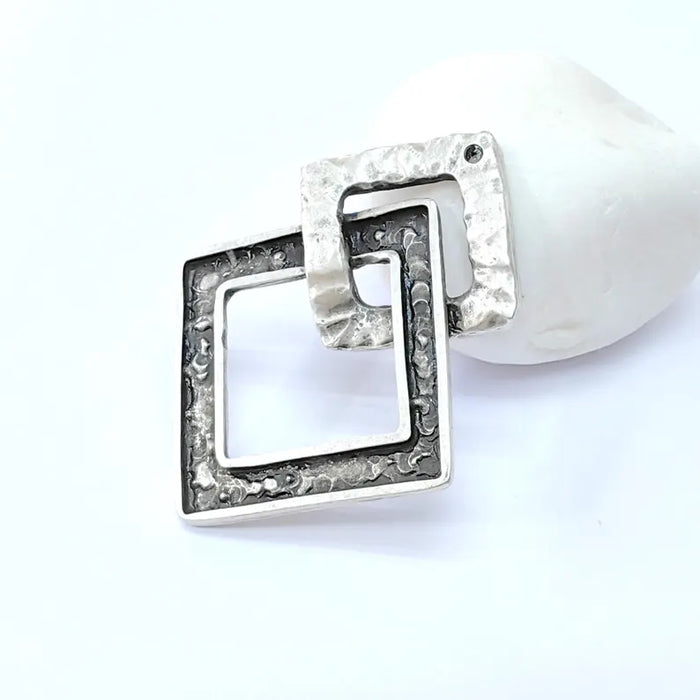 Square Dangle Charms, Boho Charms, Earring Charms, Silver Rustic Pendant, Necklace Parts, Antique Silver Plated Zamac 64x52mm G36448